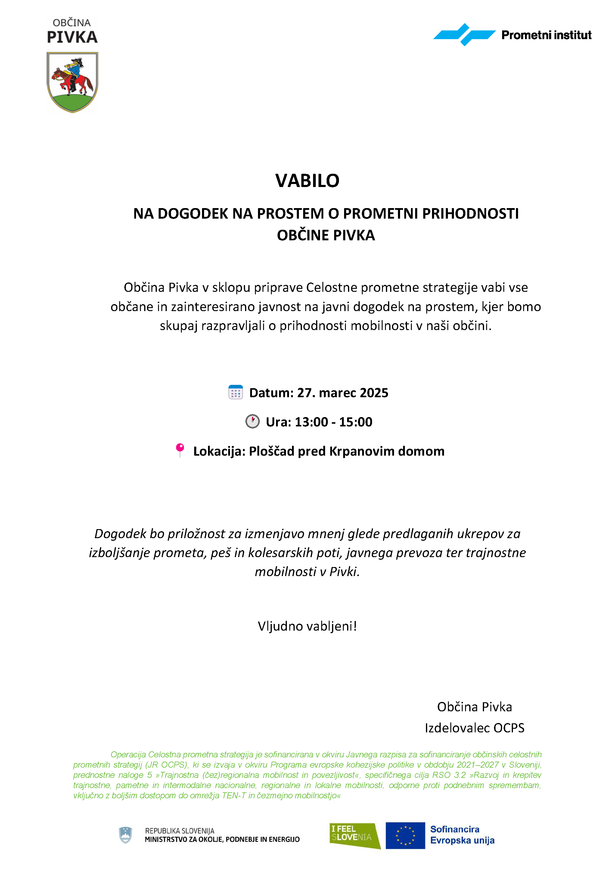 Vabilo na dogodek na prostem o prometni prihodnosti Občine Pivka